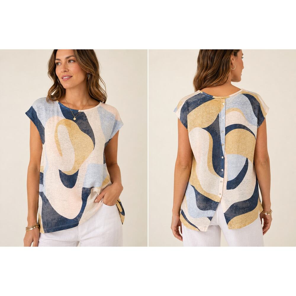 NWT Rachel Zoe 100% Linen Abstract Peach Blue Faux Back Button Top Size S